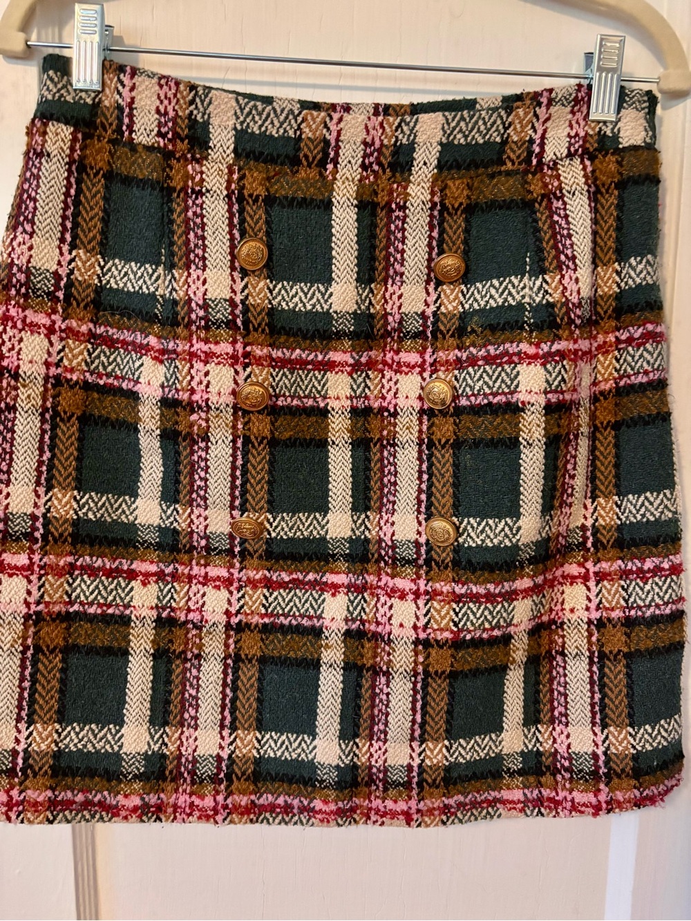 Pink Lily Green Multi Plaid Tweed Mini Skirt with Gold Buttons